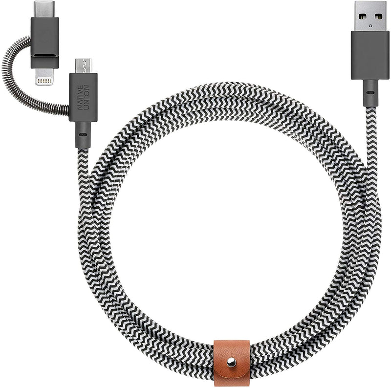 [Australia - AusPower] - Native Union Belt Cable Universal - 6.5ft Ultra-Strong Reinforced [MFi Certified] Durable Charging Cable with 3-in-1 Adaptor for Lightning, USB-C and Micro-USB Devices (Zebra) Zebra 