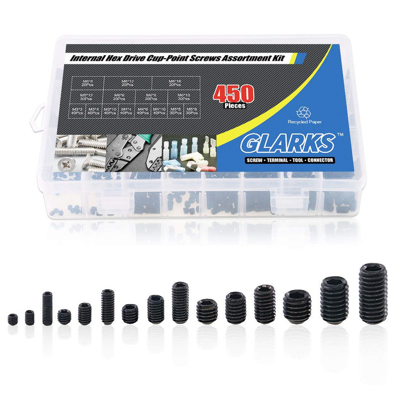 [Australia - AusPower] - Glarks 450Pcs M3/M4/M5/M6/M8 Allen Head Socket Set Screw, 12.9 Class Black Alloy Steel Internal Hex Drive Grub Screw Assortment Kit 