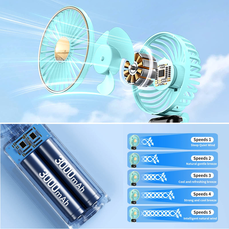 [Australia - AusPower] - Portable Fan Mini Handheld Fan Rechargeable 3000mAh Battery Powered Cooling Fan with 5 Speeds LED Display Small USB Personal Fan for Travel Camping Home Green Advanced-Green 