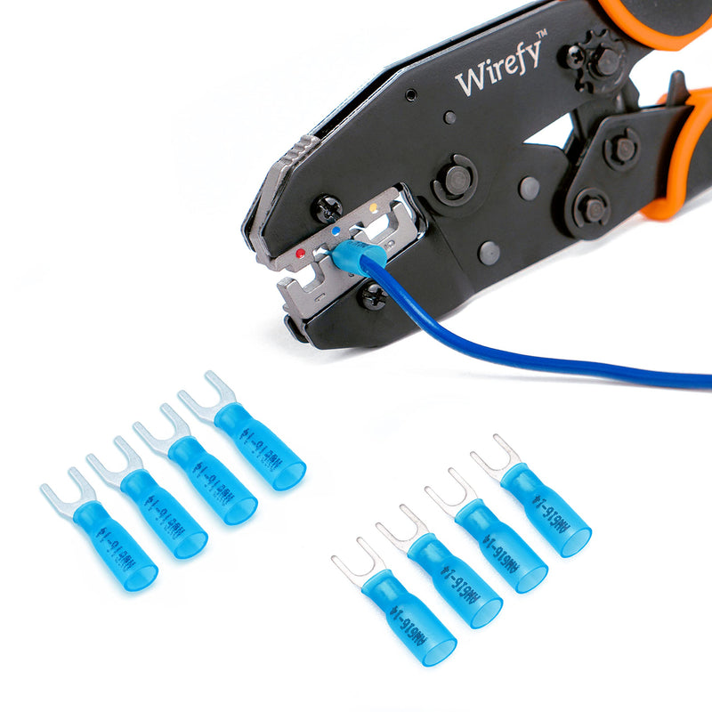 [Australia - AusPower] - Wirefy 130 PCS Heat Shrink Fork Connectors #8 - Marine Grade Fork Terminals - Spade Fork Wire Connectors - Blue 16-14 Gauge Fork #8 