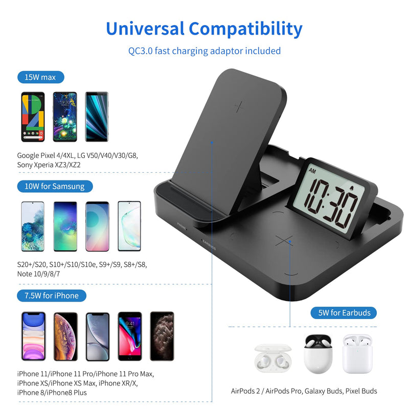 [Australia - AusPower] - MeesMeek Wireless Charger with Alarm Clock, 15W Qi Fast Charging Stand for iPhone 12 11 Pro XR XS X Samsung Galaxy S20 S10 Google LG, 5W for Earphones and More, QC 3.0 AC Adapter Included (Black) Black 
