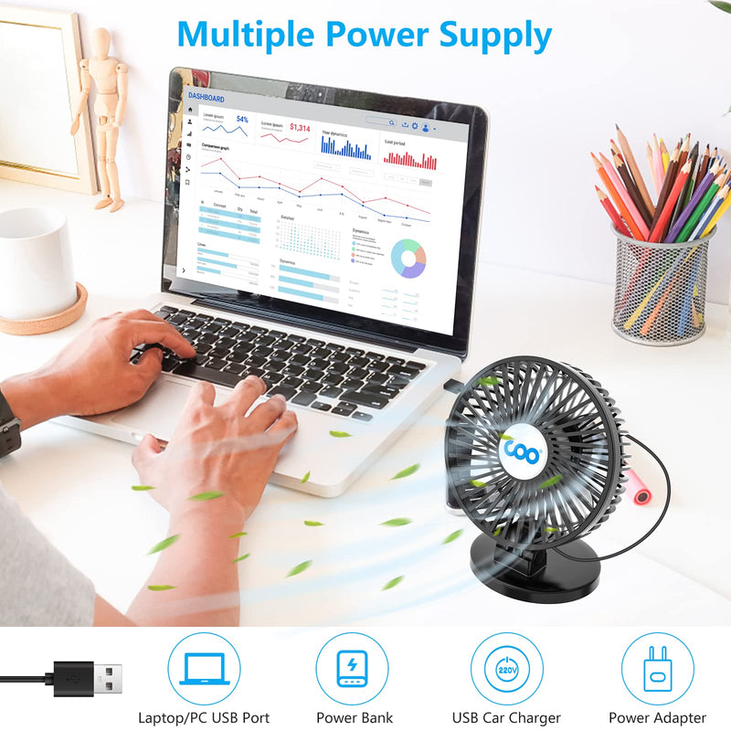[Australia - AusPower] - COO Small USB Desk Fan - 3 Speeds Powerful Airflow Fan, Small Mini Portable Fan for Home Office Bedroom Table & Desktop, Small Quiet Electric Fan 5 INCH - Black 