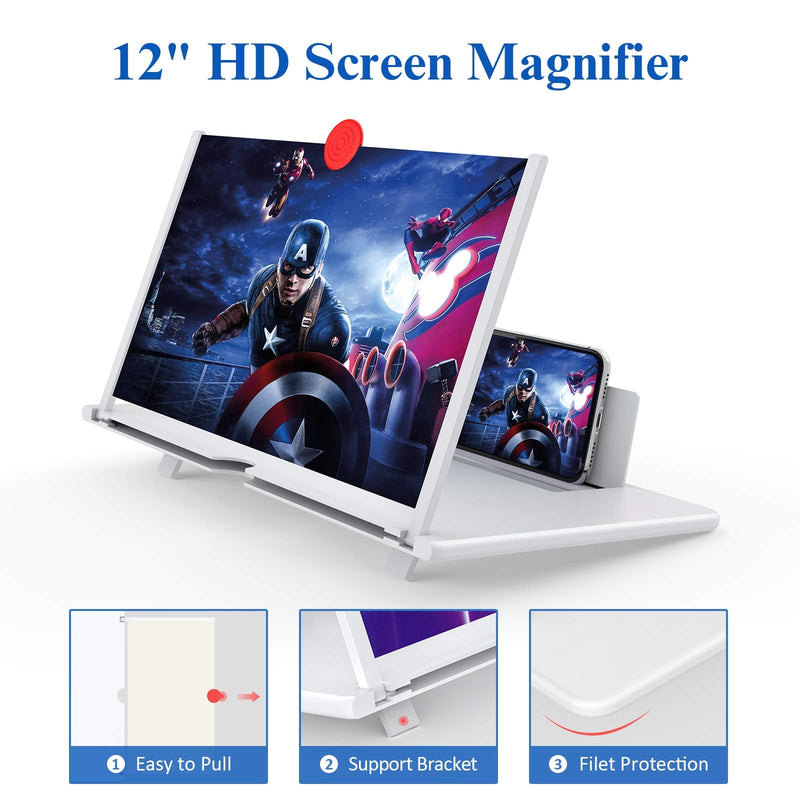 [Australia - AusPower] - 12" Screen Magnifier –3D HD Mobile Phone Magnifier Projector Screen for Movies, Videos, and Gaming–Foldable Phone Stand with Screen Amplifier–Supports All Smartphones(White) White-12Inch 
