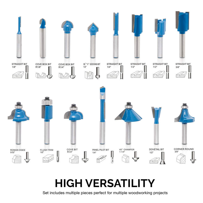 [Australia - AusPower] - Hiltex 10100 Tungsten Carbide Router Bits | 15-Piece Set , Blue 15 Piece 