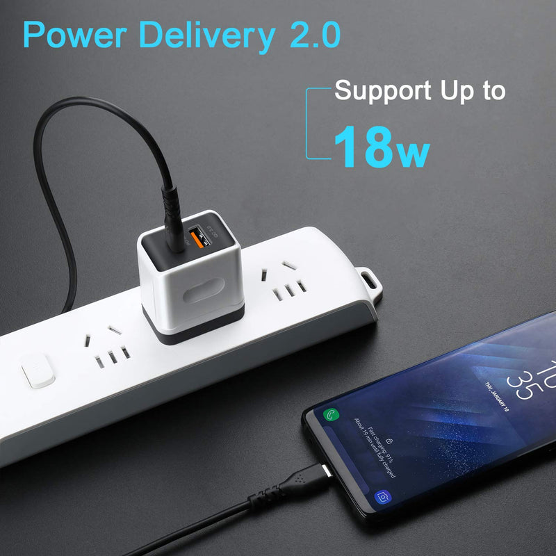 [Australia - AusPower] - 18W USB C Charger, Fasgear 3A PD+QC 3.0 Quick Charge Power Adapter 2-Port USB Type-C Fast Charging Wall Charger Compatible for iPhone 12 Pro Max/XR, iPad Pro,Galaxy S10 S9,LG,HTC,Huawei,Kindle (Black) USB Charger (Black) 