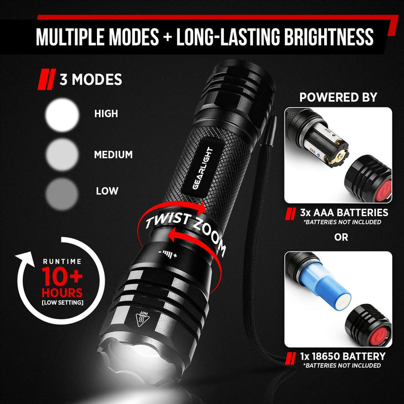 [Australia - AusPower] - GearLight S1050 LED Flashlight Pack - 2 Bright, Zoomable Tactical Flashlights with High Lumens and 3 Modes for Everyday, Outdoor & Emergency Use - Gifts for Men & Women 