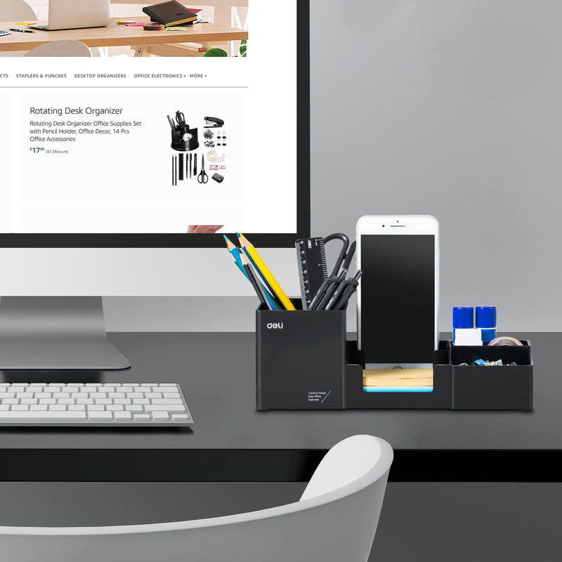 [Australia - AusPower] - Deli Desk Organizer, Plastic Desktop Organizer with Pencil Holder and Sticky Note Tray, Office Stationery Supplies Organizers Accessories Caddy, 6 Compartments, Black 