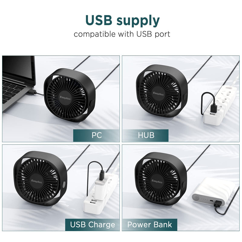 [Australia - AusPower] - EasyAcc USB Desk Fan, 3 Speeds USB Fan [Lower Noise USB Powered ONLY&Powerful Desk Fan] USB Portable Powered Fan, 360°Rotatable Personal Desktop Table Fan Travel Fan for Desk Home Bedroom Office Black 