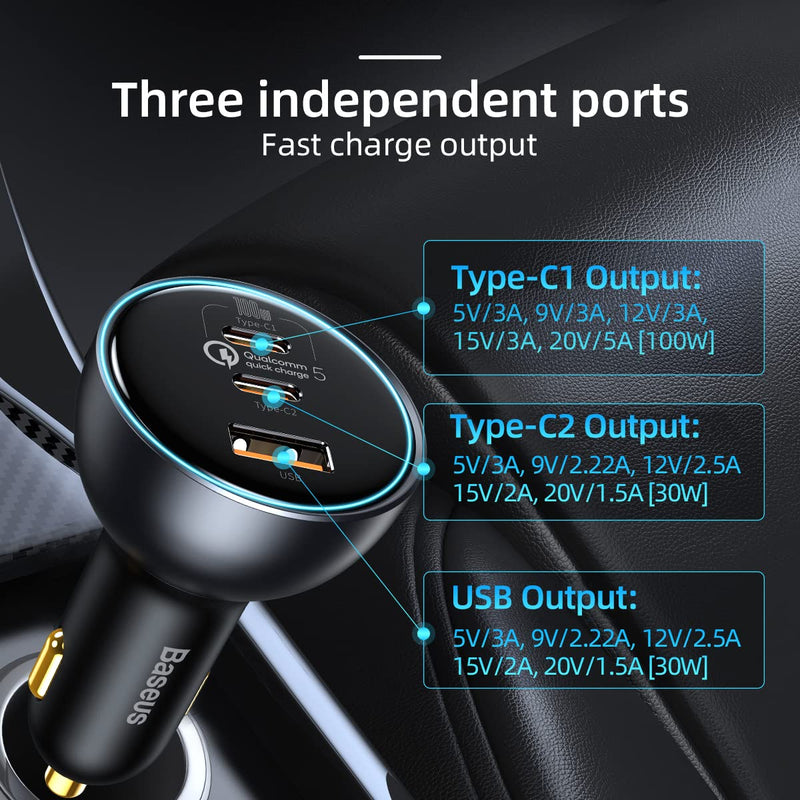 [Australia - AusPower] - USB C Car Charger, Baseus 160W Type C Car Charger, QC5.0 PD3.0 3 Ports Super Fast Charging Car Phone Charger Adapter for iPhone 13 12 11 Pro Max, Samsung Galaxy S22 S21 iPad MacBook Pro Air Laptop 