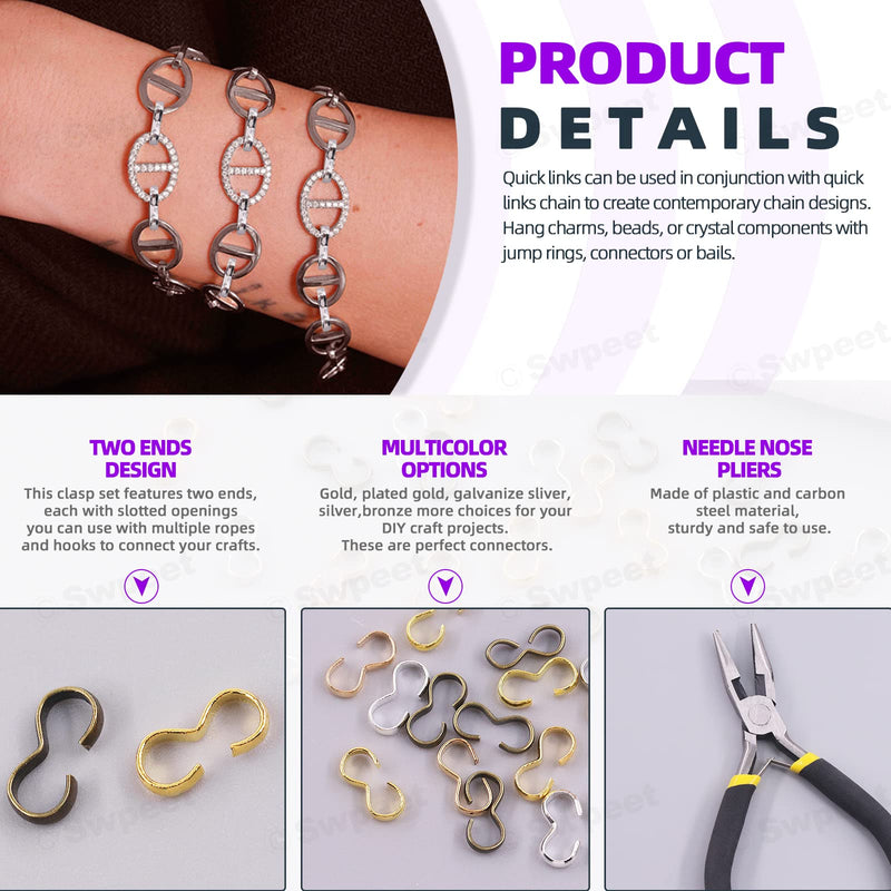 [Australia - AusPower] - Swpeet 751Pcs 0.15" x 0.32" 5 Colors 3 Shaped Quick Links Connectors and Jewelry Needle Nose Pliers Kit, Metal Pinch Clip Jewelry Clasp Bail Charm Knot Chain Clasp Jump Ring Open 751Pcs Quick Links Connectors 