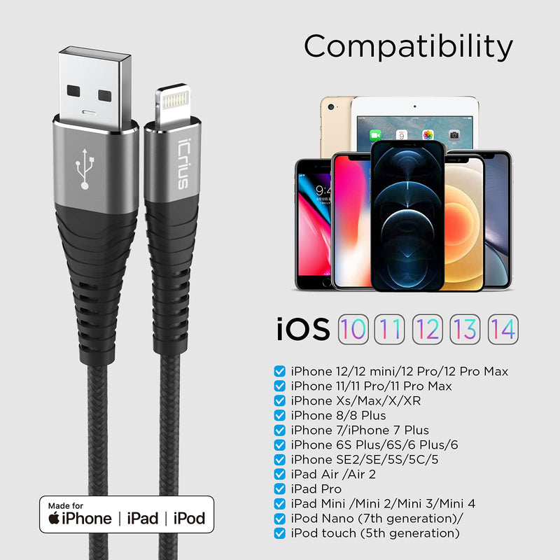 [Australia - AusPower] - iPhone Charger, iCrius 3Pack 6FT MFi Certified Lightning Cable Nylon Braided High Speed USB Charging Cord Compatible with iPhone 12/Max/11Pro/11/XS/Max/XR/X/8/8P/7 and More (6FT, Black) 