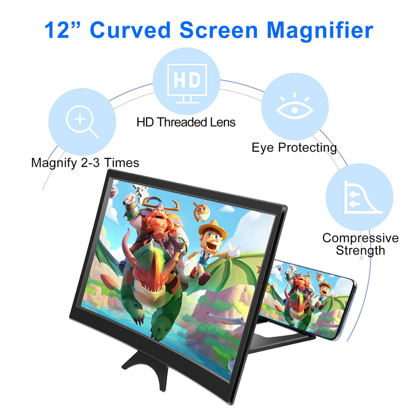 [Australia - AusPower] - Shiny Flower 12” Curved Phone Magnifier Screen, 3D Magnifying Screen Amplifier HD Movie Video Enlarger of Foldable Stand, Radiation, Eye Protection, for Gifts, All Cell Phones, Games, Black, 1 set 