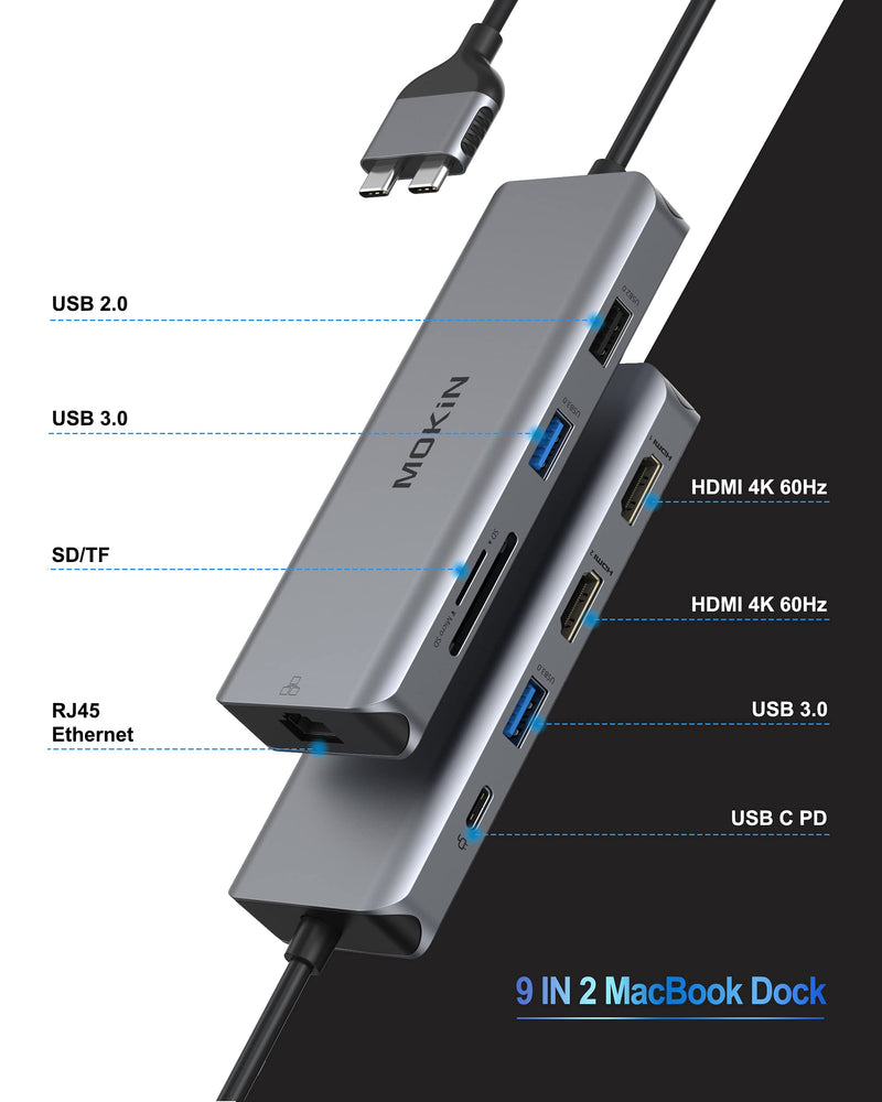 [Australia - AusPower] - MacBook Pro Docking Station Dual Monitor MacBook Pro HDMI Adapter,9 in 1 USB C Adapters for MacBook Pro Air Mac HDMI Dock Dongle Dual USB C to Dual HDMI Ethernet 3USB SD/TF100W PD 