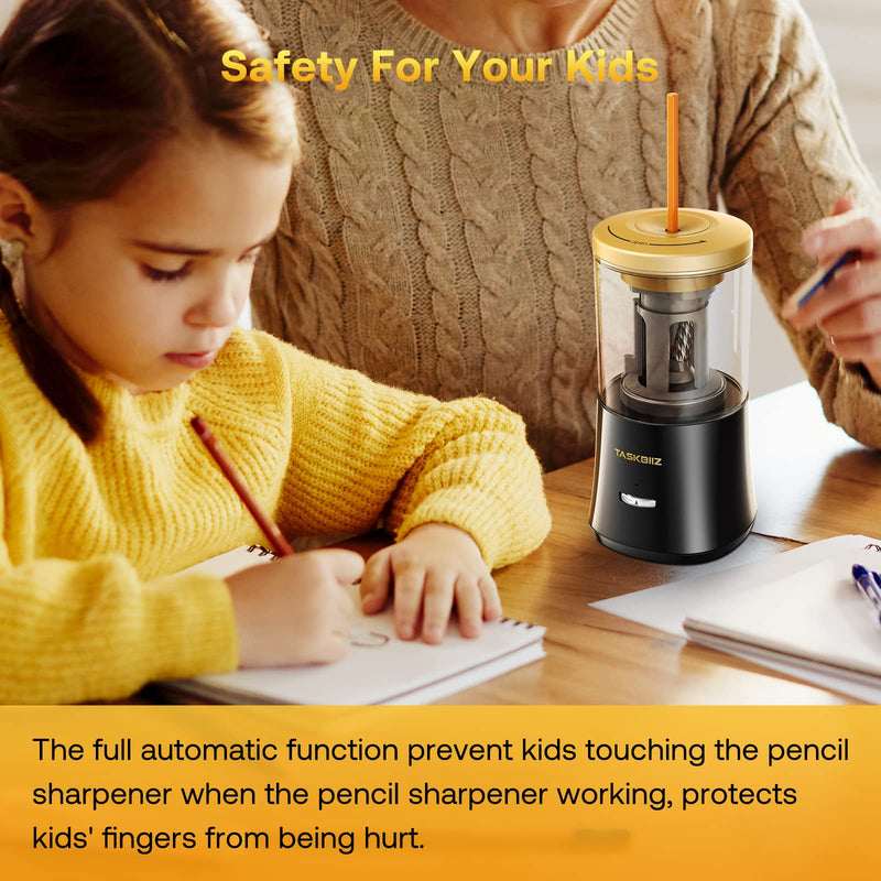 [Australia - AusPower] - Taskbiiz Electric Pencil Sharpener, Rechargeable Automatic Pencil Sharpener, Auto Feed & Release, Pencil Sharpener for Colored Pencils(6-8mm)/No.2, Sharpen 300+ Times for 1.5-hr Charge (Black+Gold) Black 