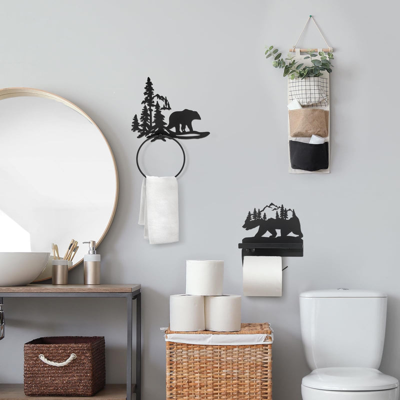 [Australia - AusPower] - Funrous 2 Pcs Bear Toilet Paper Holder Bear Towel Ring Holder for Bathroom, Black Bear Cabin Decor Bear Bathroom Towel Holders with Shelf Wall Mount Forest Farmhouse Towel Rack for Bathroom Kitchen 