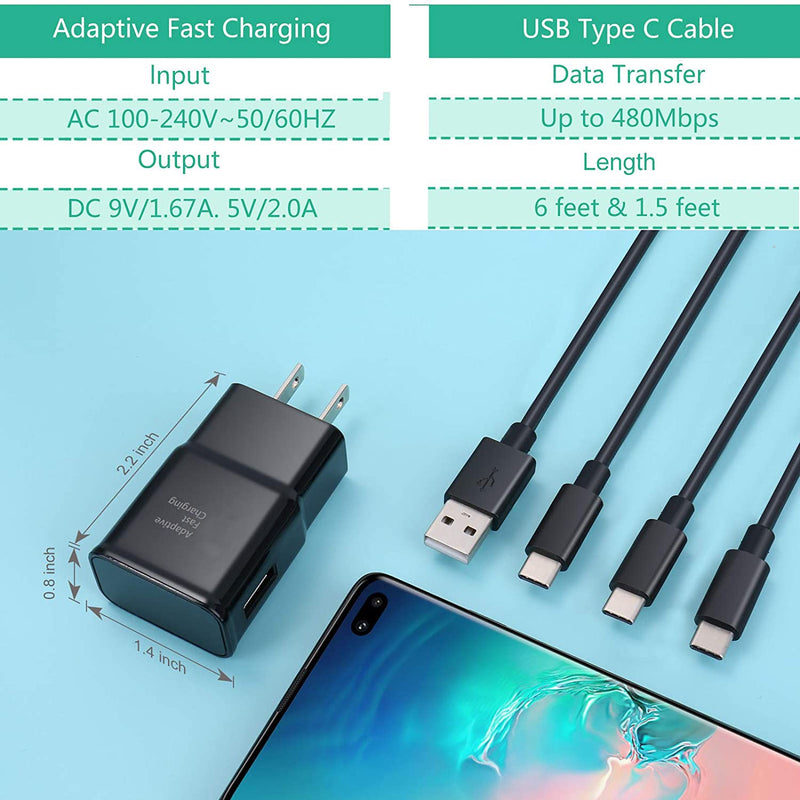 [Australia - AusPower] - Adaptive Fast Charging Block with 3 Pack Type C Charging Cable (6.6ftX2+1.5ft), Eversame Fast Charger Power Adapter USB C Cord for Samsung Galaxy S8+/S9 Plus/10e/20+/21 Ultra, Note 8/9/10+, L G V30 
