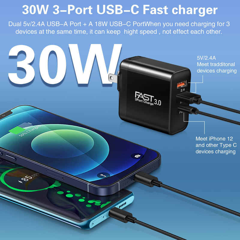 [Australia - AusPower] - 3Pack USB C Charger,30W Boxeroo 3-Ports with PD Power Adapter+2.4A Quick Charging 3.0 Wall Charger Foldable Block Plug for iPhone 12/11 /Pro Max, XS/XR/X, Pad Pro, Samsung Galaxy, More (Black) 