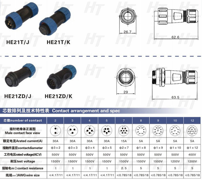 [Australia - AusPower] - HangTon HE21 2 Pin Power Connector Waterproof Aviation Female Cable Plug Male Panel Mount Socket (1 Set) 1 set 
