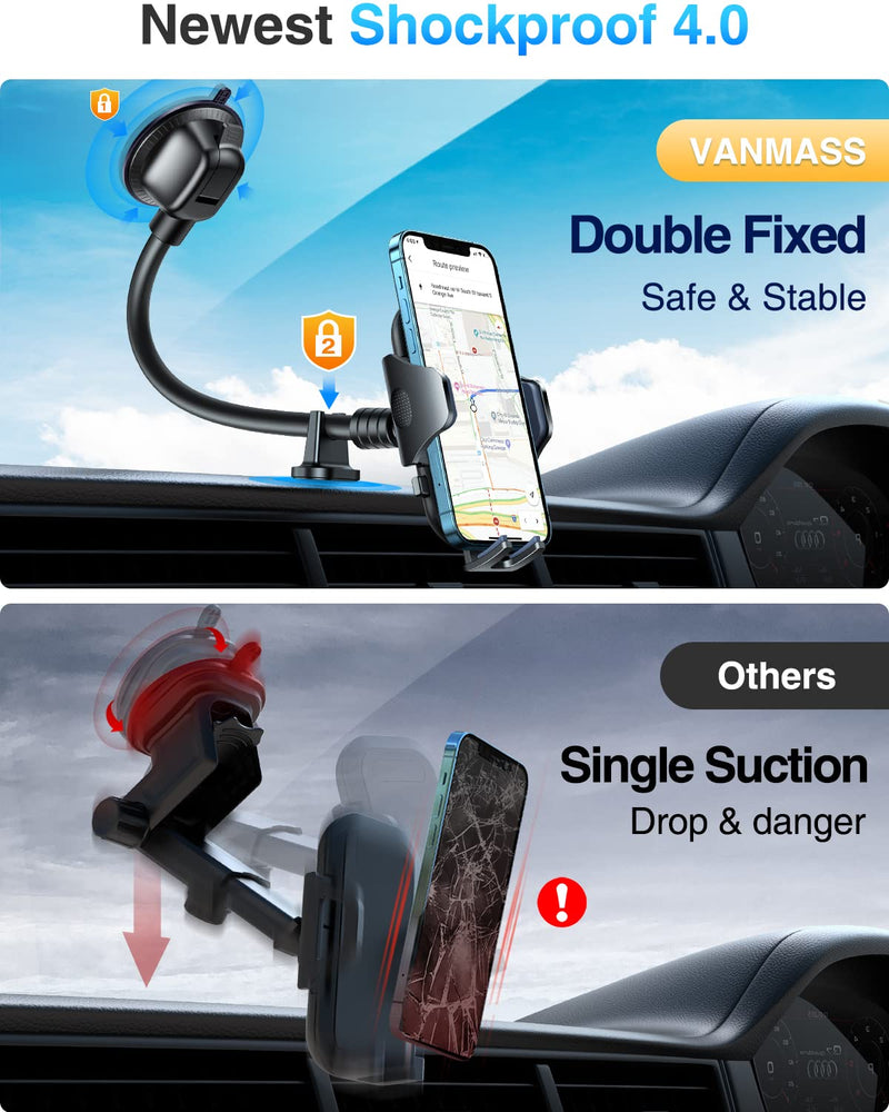 [Australia - AusPower] - 【Newest Shockproof】VANMASS Windshield Phone Mount【360° Widest View】Universal Suction Cup Cell Phone Holder for Dashboard Window Dash, Handsfree 9in Flexible Gooseneck Compatible for iPhone 13 & Truck 