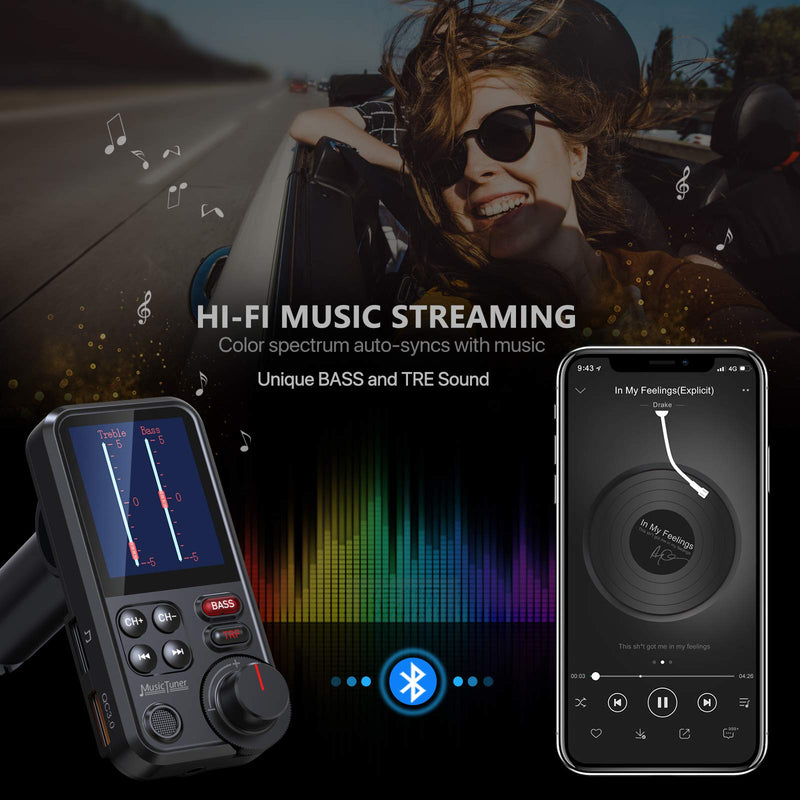 [Australia - AusPower] - Nulaxy FM Bluetooth Transmitter for car, Strong Microphone Bluetooth Car Adapter with 1.8" Color Screen for Hands Free Calls, Supports QC3.0 Charging, Treble and Bass Sound Music Player- KM30 