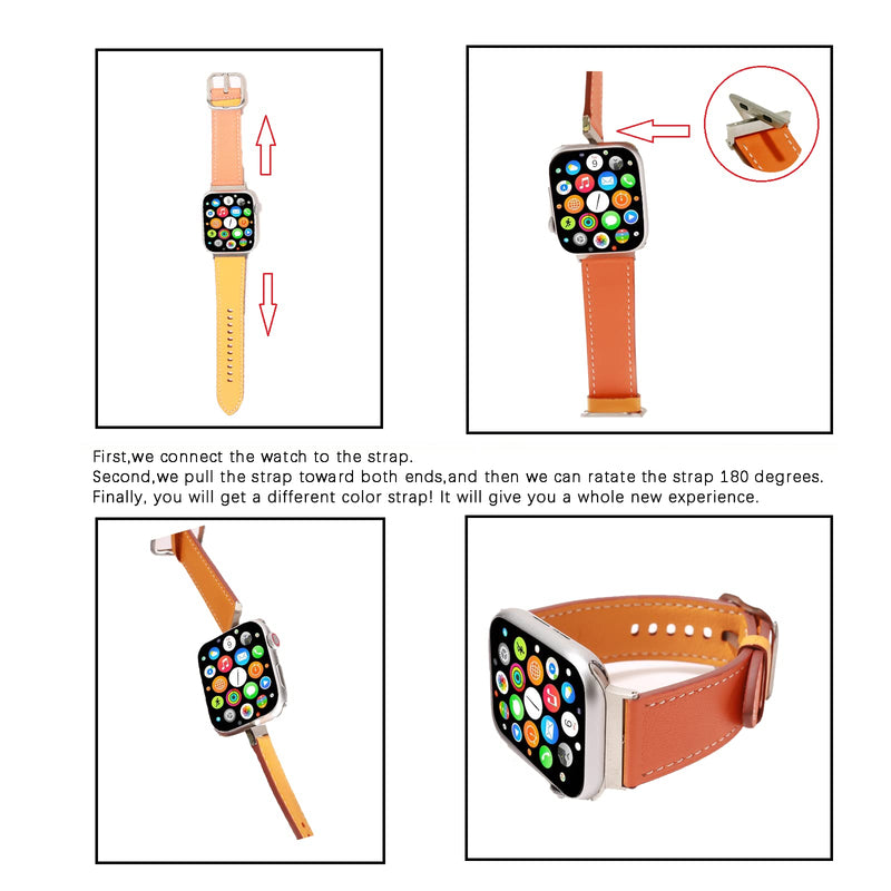 [Australia - AusPower] - Rotating Connectors Strap Compatible With Apple Watch Strap 38/40mm 42/44mm, Double-sided Strap Leather Strap Two Colors Premium Leather Strap, Compatible for iWatch series 6 5 4 3 2 1 Men Women (38mm/40mm, Orange&Yellow) 