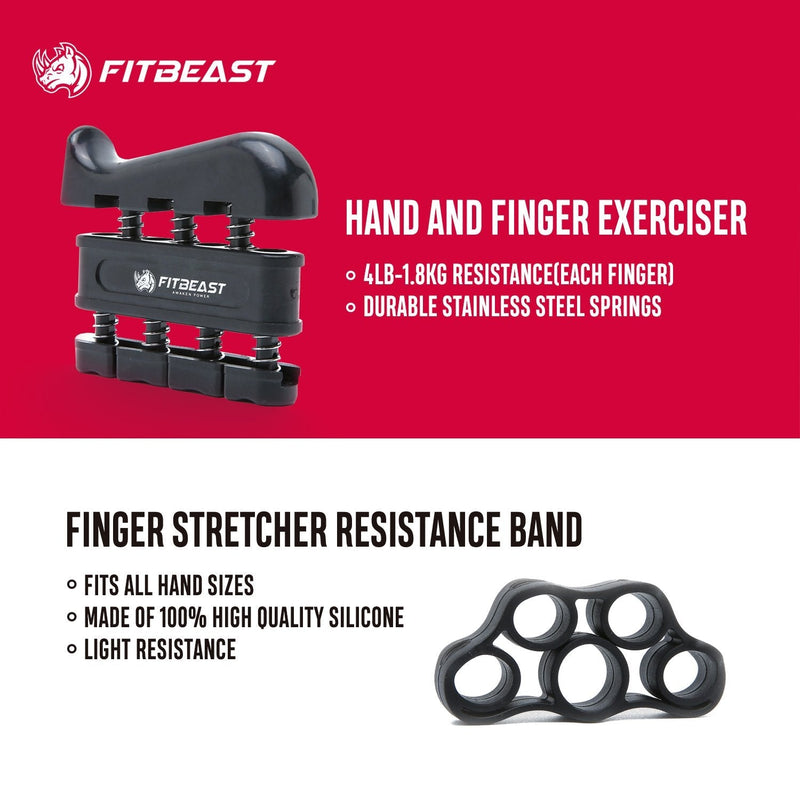 [Australia - AusPower] - FitBeast Hand Grip Strengthener Workout Kit (5 Pack) Forearm Grip Adjustable Resistance Hand Gripper, Finger Exerciser, Finger Stretcher, Grip Ring & Stress Relief Grip Ball for Athletes Black 