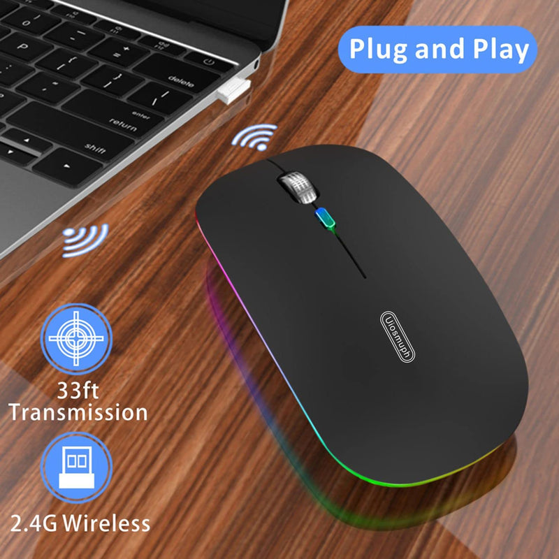 [Australia - AusPower] - LED Wireless Mouse, Uiosmuph G12 Slim Rechargeable Wireless Silent Mouse, 2.4G Portable USB Optical Wireless Computer Mice with USB Receiver and Type C Adapter (Matte Black) Matte Black 