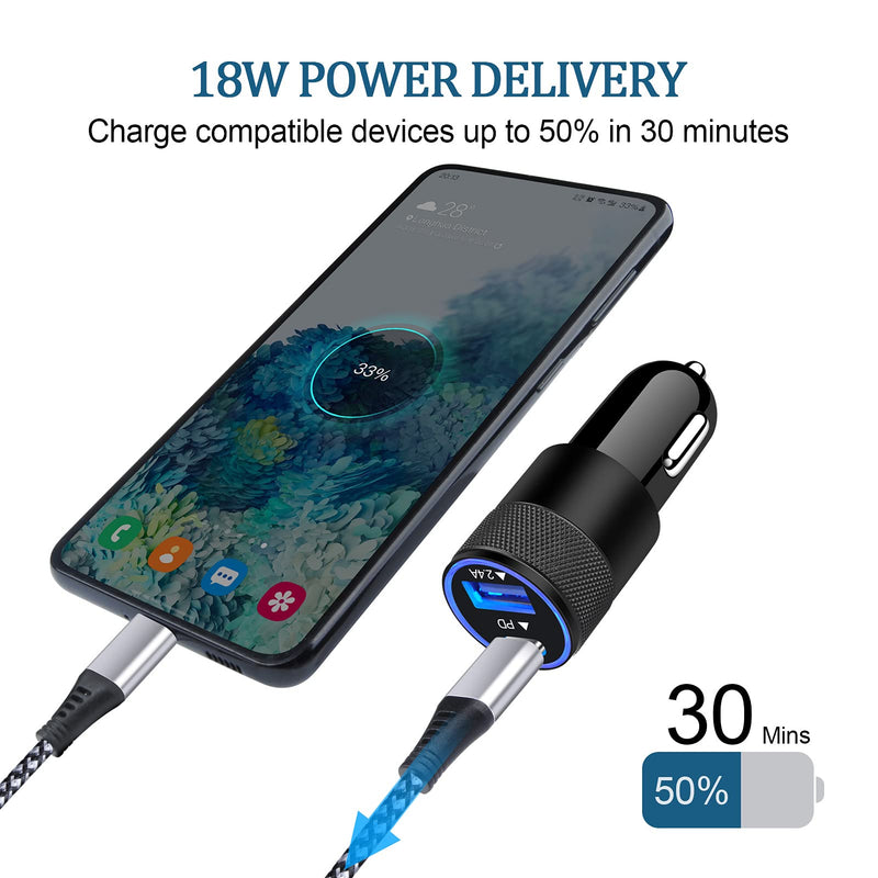 [Australia - AusPower] - Rapid USB C Car Charger for Samsung Galaxy S22/S21/S20/Ultra/Plus/Note 20/10/9/8/S10/S10e/S9/A72/A52s/A13,PD3.0 Dual USB 30W Fast Car Charger Adapter+USB-C to USB-C Cable 6ft+USB A to Type C Cable 3ft black,white,white 