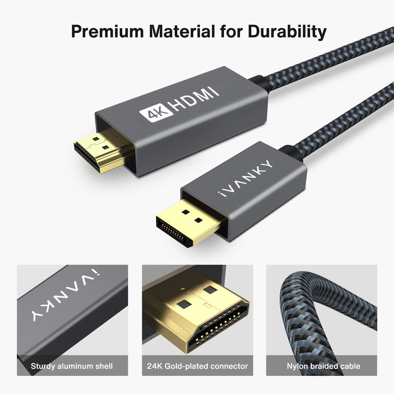 [Australia - AusPower] - iVANKY 4K DisplayPort to HDMI Cable, Uni-Directional DP to HDMI Adapter, DisplayPort to HDMI Converter with Durable Shell, DP to HDMI Cord for HDTV, Monitor, AMD, NVIDIA, Lenovo, HP, etc, 6.6ft 