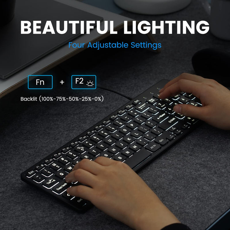 [Australia - AusPower] - Perixx PERIBOARD-333B Wired Backlit USB Keyboard- X Type Scissor Keys - Compact 14.25x4.57 Inches - Big Print Letters - White Backlit - US English,11618 