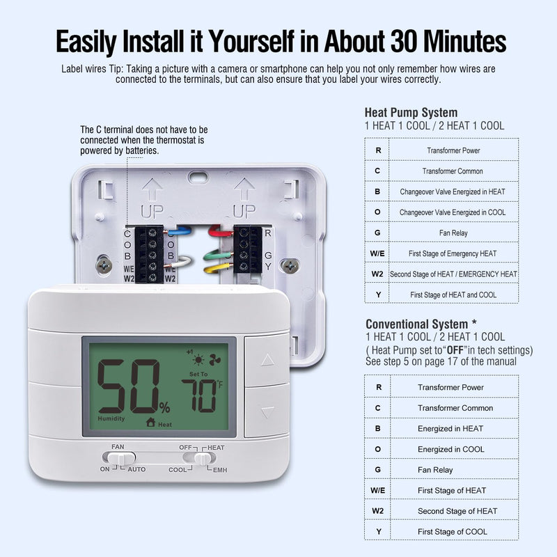 [Australia - AusPower] - Garystat Non-Programmable Heat Pump Thermostat for House 2 Heat/1 Cool, with Temperature & Humidity Monitor and Large Green LCD 