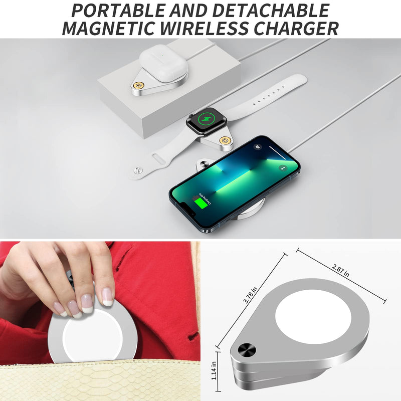 [Australia - AusPower] - 3 in 1 Detachable Magnetic Wireless Charger, 15W Fast Wireless Charging Station for iPhone 13/12, Foldable Wireless Charger Stand Compatible with iWatch SE/6/5/4/3/2 and Airpods Pro/2(Sliver) sliver 
