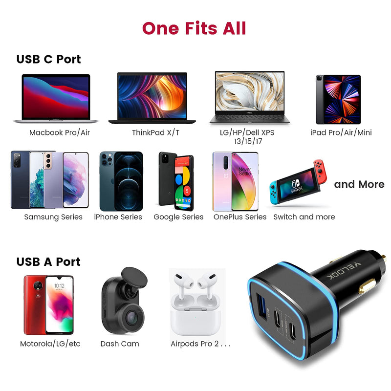 [Australia - AusPower] - 115W USB C Car Charger, VELOGK 3-Port [PPS&PD&QC3.0] 65W 45W 30W Super Fast Type C Car Charger Adapter for iPhone 12 Pro Max Samsung S21 S20 S22 Ultra Note 20, iPad, Macbook/Dell,with 100W USB C Cable 