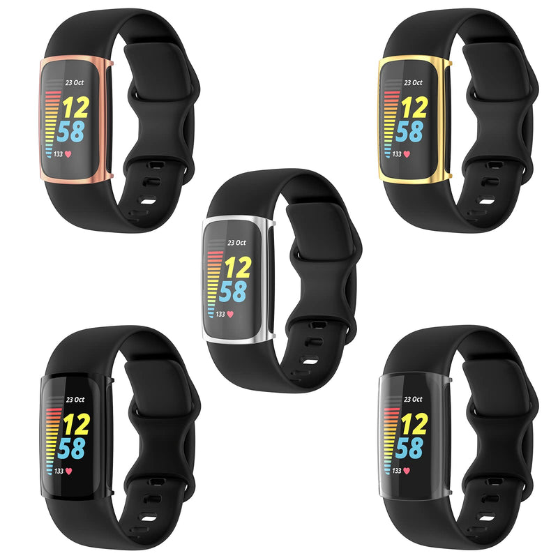 [Australia - AusPower] - Simpeak 5 Pack Soft Screen Protector Bumper Case Compatible with Fitbit Charge 5 Smartwatch, Full Protection, Rose Pink/Clear/Silver/Black/Rose Gold 