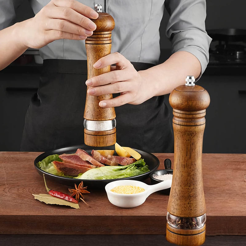 [Australia - AusPower] - 2-Piece Salt and Pepper Grinder Set, 8 Inch Wooden Salt and Pepper Mills with Adjustable Coarseness, Refillable Manual Pepper Mill Grinder for Home Cooks (Brown) 