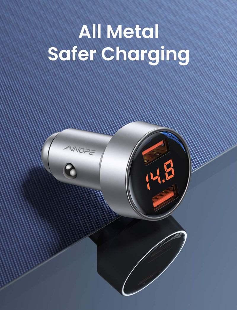 [Australia - AusPower] - AINOPE Car Charger Adapter, Dual QC3.0 Port 6A/36W USB Car Charger All Metal Cigarette Lighter USB Charger Voltage Display Compatible with 11/11 pro/XR/X/XS/8, Galaxy Note 8/S9/S10+/S8 - Silver 