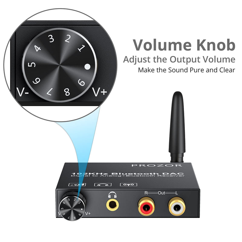 [Australia - AusPower] - PROZOR 192kHz Digital to Analog Audio Converter with 5.0 Bluetooth Receiver,Optical to RCA Converter with Volume Adjustable, Optical Coaxial Bluetooth Digital Audio to Stereo Analog RCA & 3.5mm 