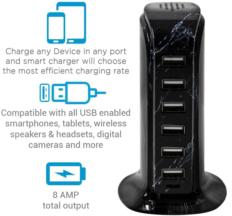[Australia - AusPower] - Aduro 40W 6-Port USB Desktop Charging Station Hub Wall Charger for iPhone iPad Tablets Smartphones with Smart Flow (Black Marble) Black Marble 