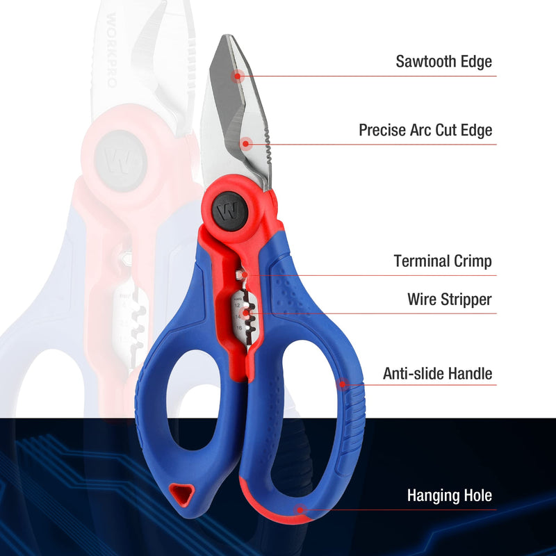 [Australia - AusPower] - WORKPRO Stainless Electricians Scissors, 6.4" Professional Electrician Shears with Wire Stripper for Soft Cable 