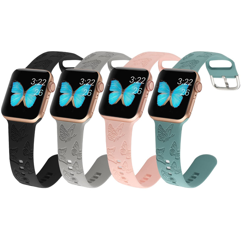 [Australia - AusPower] - Butterflies Engraved Sport Strap Compatible with Apple Watch Band 38mm 40mm 41mm 42mm 44mm 45mm, Skull Floral Laser Printed Soft Silicone Sport Strap Compatible with iWatch Series 7 6 5 4 3 2 1 SE Butterfly-Black/PinkSand/Stone/Pine Green 42mm/44mm/45mm 