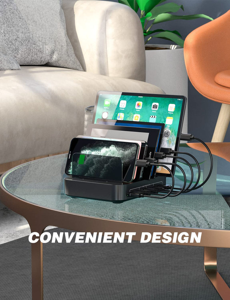 [Australia - AusPower] - Charging Station for Multiple Devices, 5 Port Multi USB Charger Station with iWatch & Airpod Stand Compatible with iPhone, iPad, Cell Phone, Tablets (8 Mixed Short Cables Included) Black 