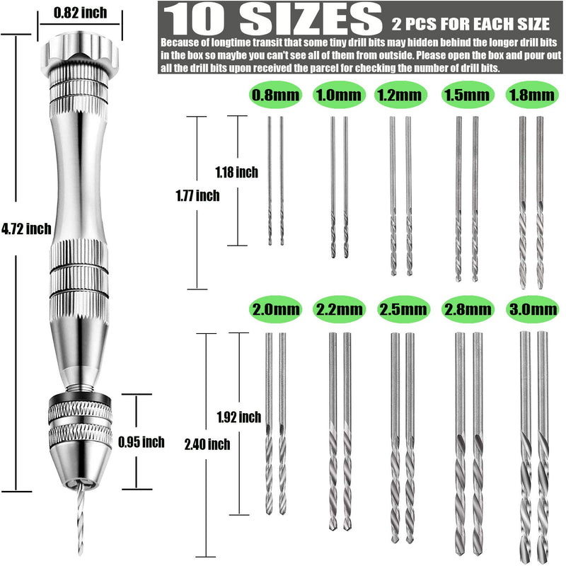 [Australia - AusPower] - Pin Vise for Resin Casting Molds, Pin Vise Hand Drill Set with 20PCS Drill Bits (0.8-3mm), Precision Hand Drill Tools for Resin, Jewelry Keychain, Pendant 