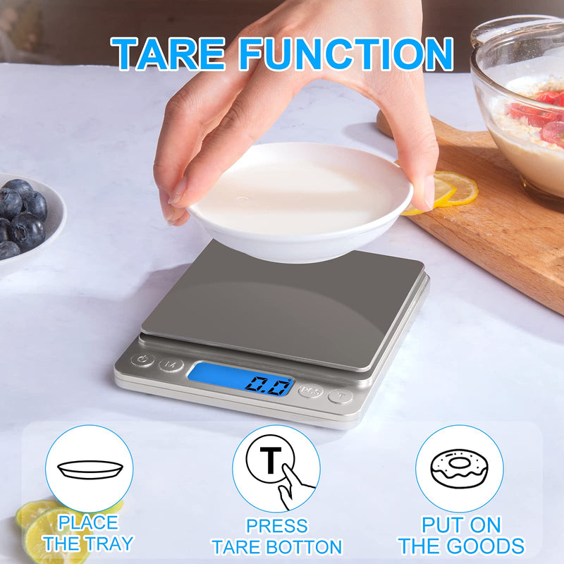 [Australia - AusPower] - Yoncon Small Digital Food Scale Ounce/OZ and Gram Scale, Kitchen Scale 3000g/0.1g High Precision for Baking, Soap Making, Jewelry, Includes 2 Trays and Batteries, 9 Units, Tare Function, Easy to Store Silver 