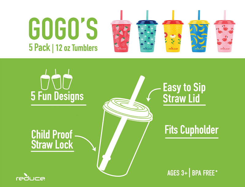 [Australia - AusPower] - Reduce GoGo's – 12 oz Kids Tumbler Set, 5 Pack – Plastic Kids Cups with Straws and Lids – Dishwasher Safe, BPA Free – An Ideal Kid's Cup for Smoothies – Mix and Match, 5 Fun Designs, Sweet 5 Count (Pack of 1) Strawberry Banana 