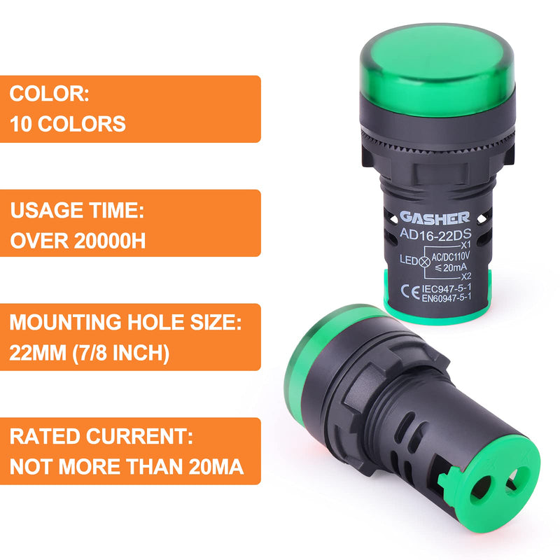 [Australia - AusPower] - GASHER 12V/24V/110V 20mA Energy Saving Indicator Light Mounting Hole Size 22mm (7/8 Inch) Green 10 Pcs 24V 