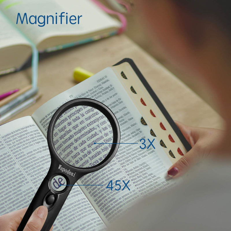[Australia - AusPower] - Wapodeai Magnifying Glass with Light, 3X 45X High Magnification, LED Handheld Lighted Magnifier, Suitable for Reading, Jewellery, Crafts, Lnspection, Science (Black) 