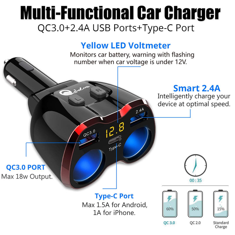 [Australia - AusPower] - Cigarette Lighter Splitter QC 3.0, 2-Socket USB C Car Charger Adapter Type C Multi Power Outlet 12V/24V 80W DC with LED Voltmeter Switch Dual USB Port for iPhone GPS Dashcam iPad Android Samsung 
