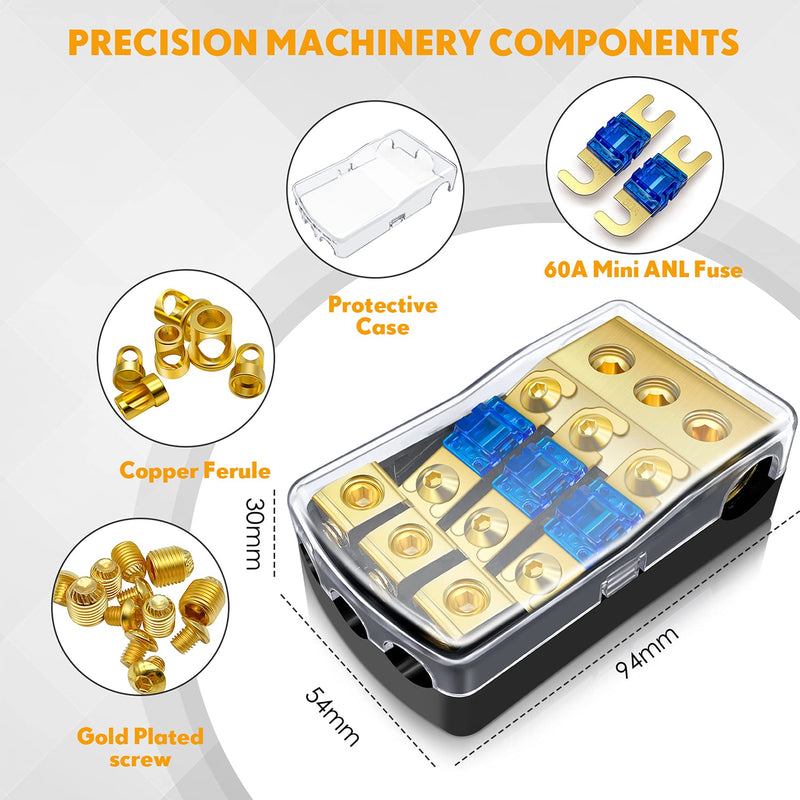 [Australia - AusPower] - BULVACK 3 Way Mini ANL Fuse Holder, Copper 0/2/4 Gauge to 4/6/8 Gauge 60 Amp Fuse Distribution Block for Car Truck Boat Audio Stereo Amplifier 