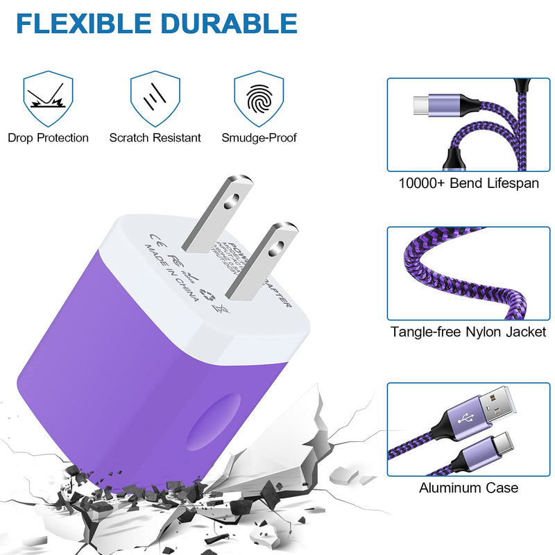 [Australia - AusPower] - Dual Charger Plug with Type C Nylon Braided Cords Compatible with Samsung Galaxy A32 5G A22 F22 Z Flip3 5G A12 Nacho Moto E20 E30 E40 G Pure Tab G20, 2 Cubes for Chargers USB C to USB A Cable 3ft+6ft 2x Charger Cubes, 2x Cables 3ft 6ft(purple) 
