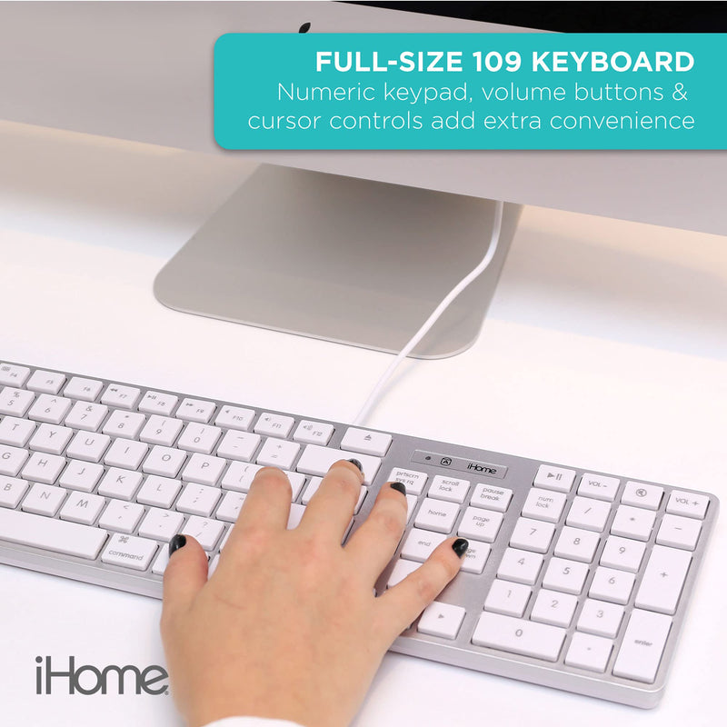 [Australia - AusPower] - iHome Full Size Wired Keyboard - Compatible with Apple iOS or Windows - Sleek Mac and iMac Style Design - Desktop PC or Laptop Wired (2020 Version - New) 